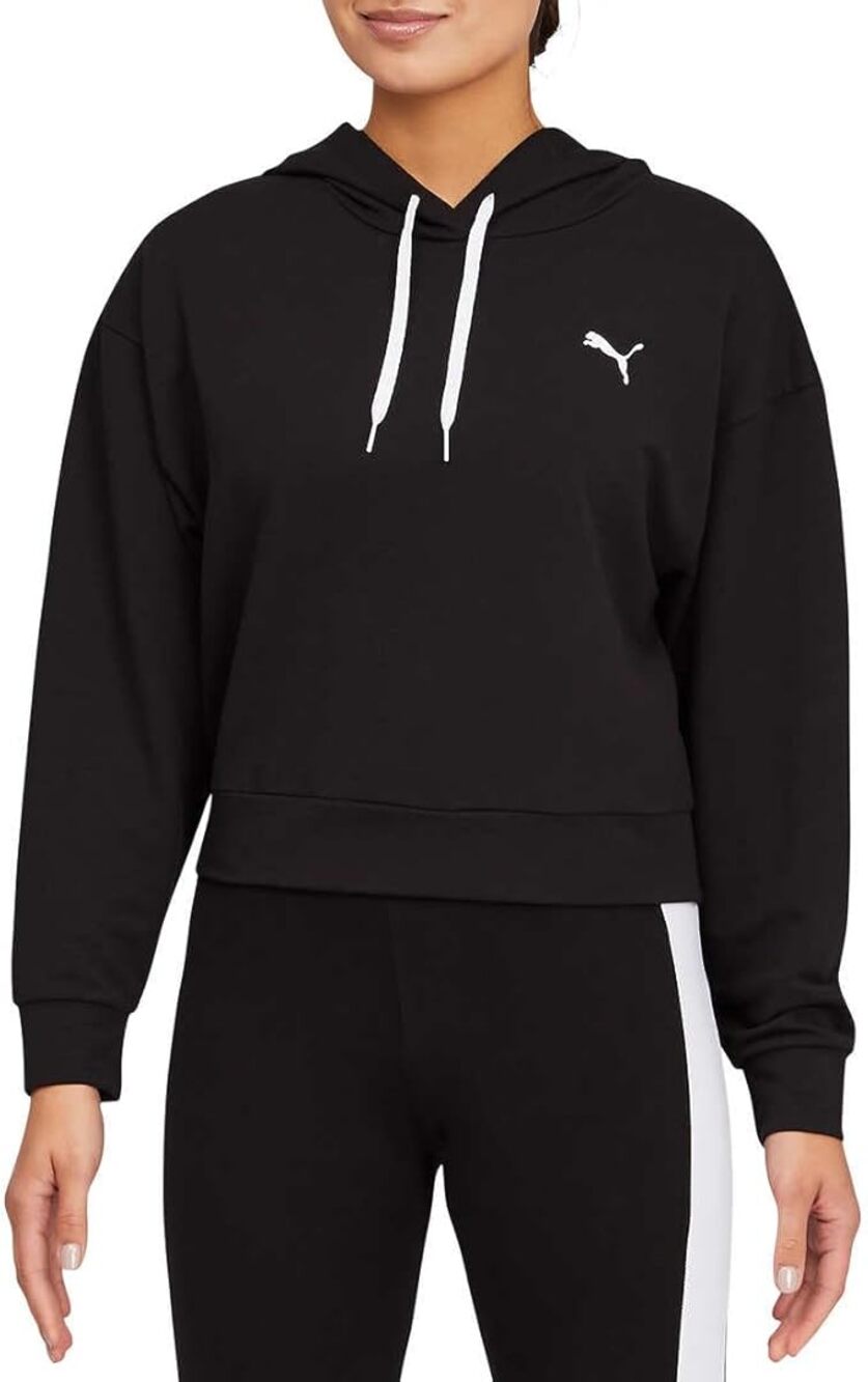 PUMA Modern Sport Crop Hoodie Black Women's M Drop Shoulders Pullover Sweatshirt